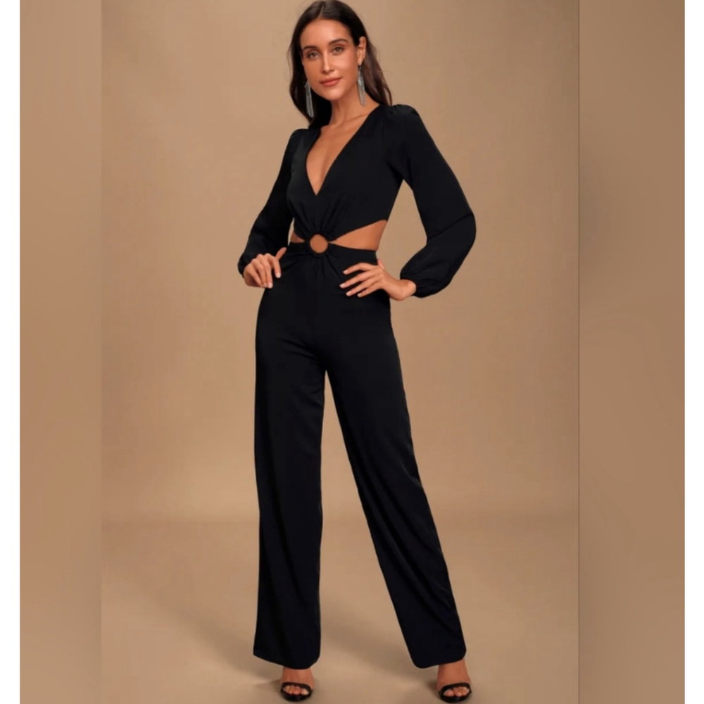 Lulus Vegas Night Out Black Long Sleeve Cutout Jumpsuit Large NEW